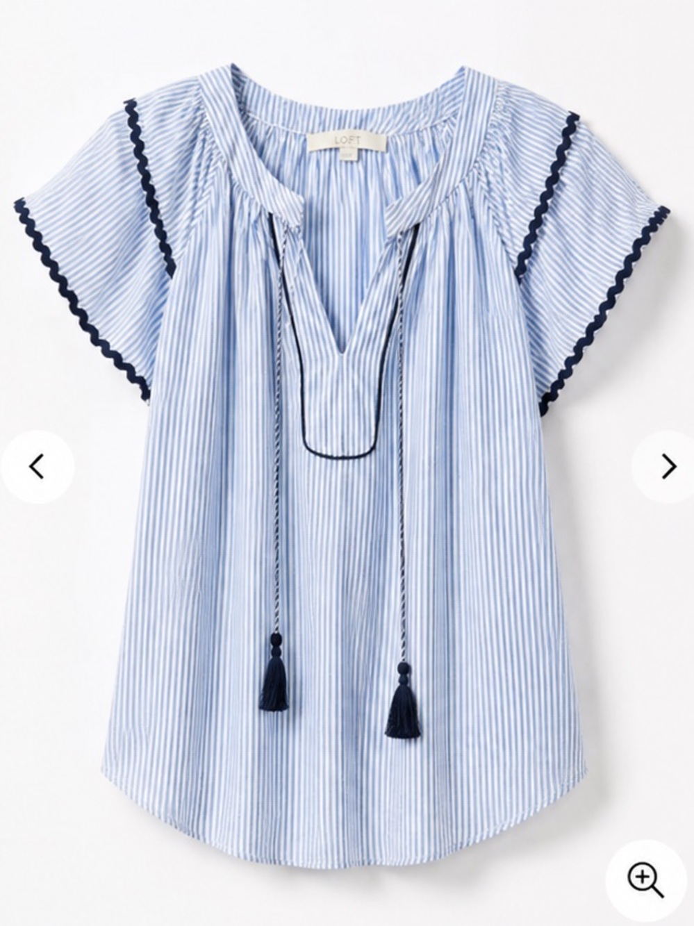 LOFT Blue & White Striped Tassel Split-Neck Blouse